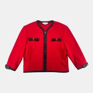 St. John Sport Red Zip Front Jacket Black Trim Bow Detail Womens M